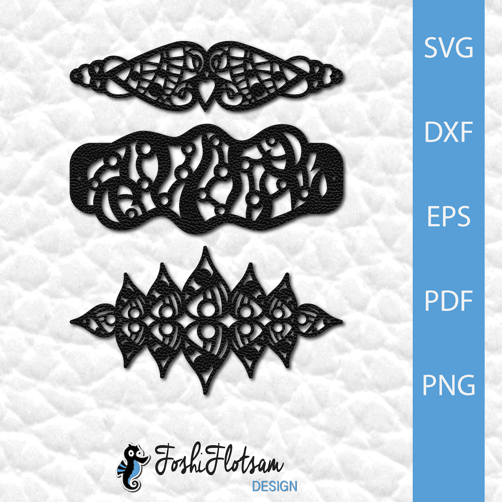 Bracelet SVG - Pattern SVG bracelet bundle 6 3 bracelet SVG cut files with assorted pattern designs, including heart and teardrop designs.
